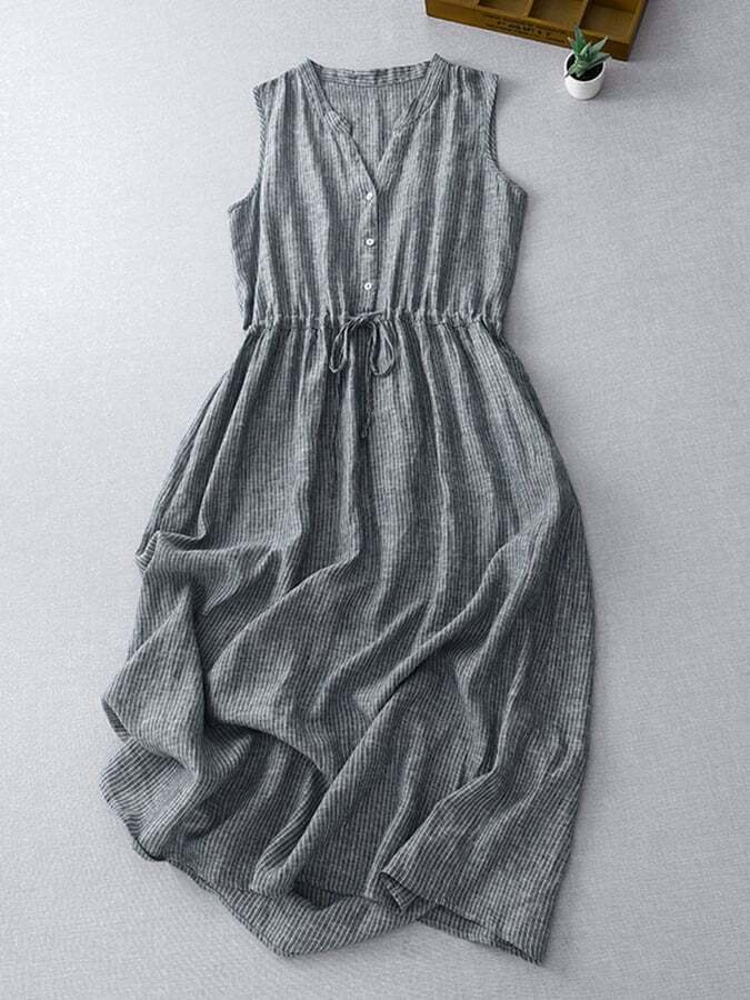 Literary Commuter Striped Print Waist Drawstring V-Neck Sleeveless Dress