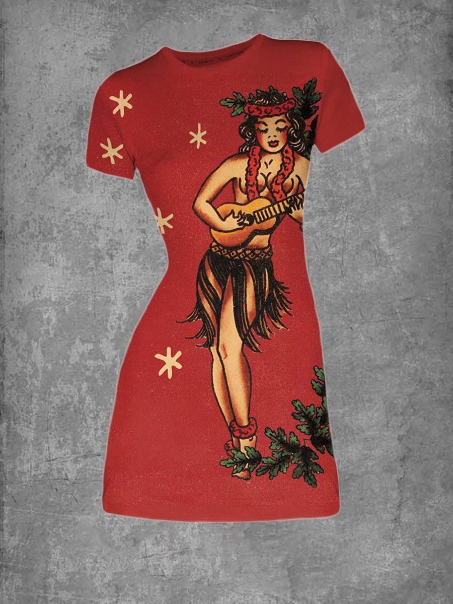 Women'S Vintage Girl Print Graphic Crew Neck T-Shirt Dress