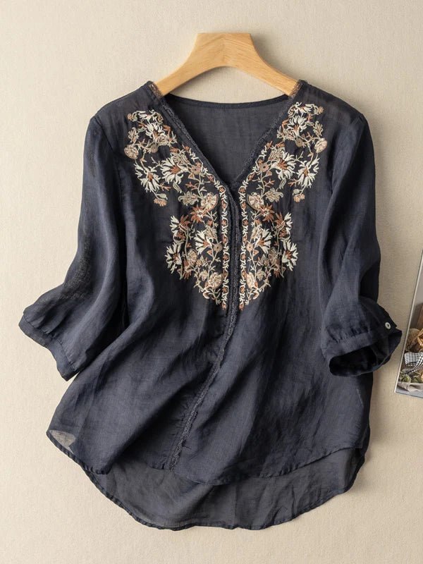 Embroidered V Neck 3/4 Sleeve Casual Linen Top