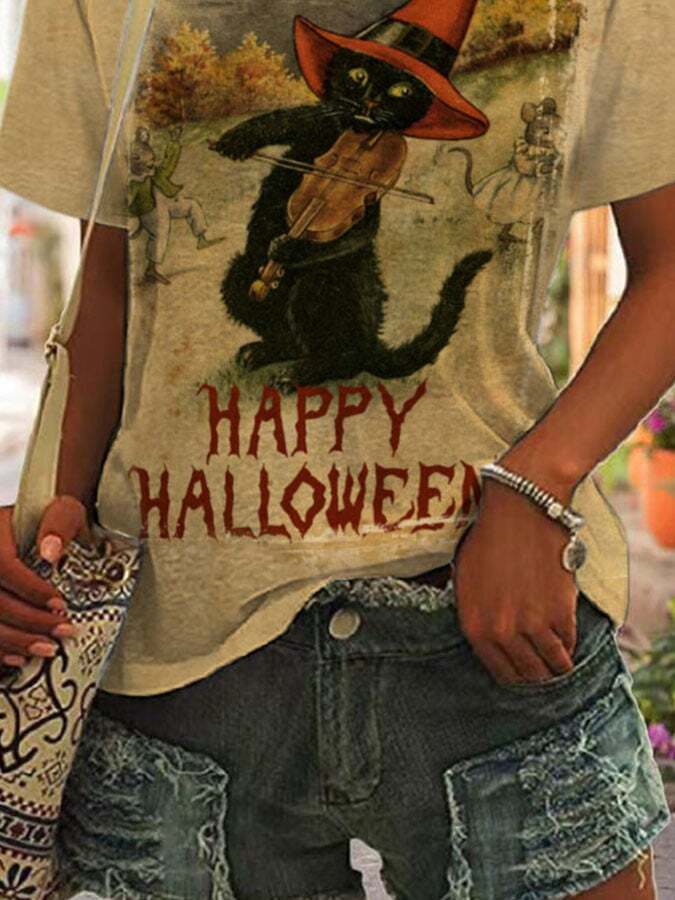 Halloween Black Cat Print Casual T-Shirt