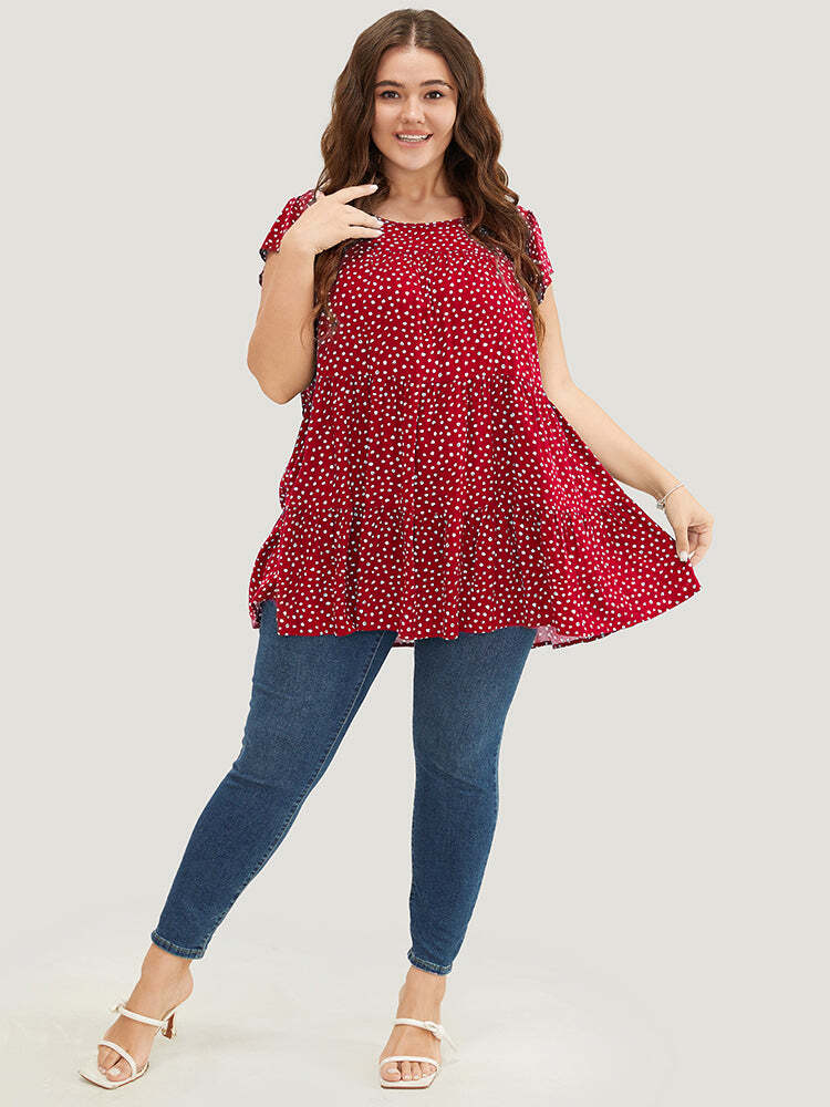 🌸Allover Print Cap Sleeve Ruffle Hem Gathered Blouse