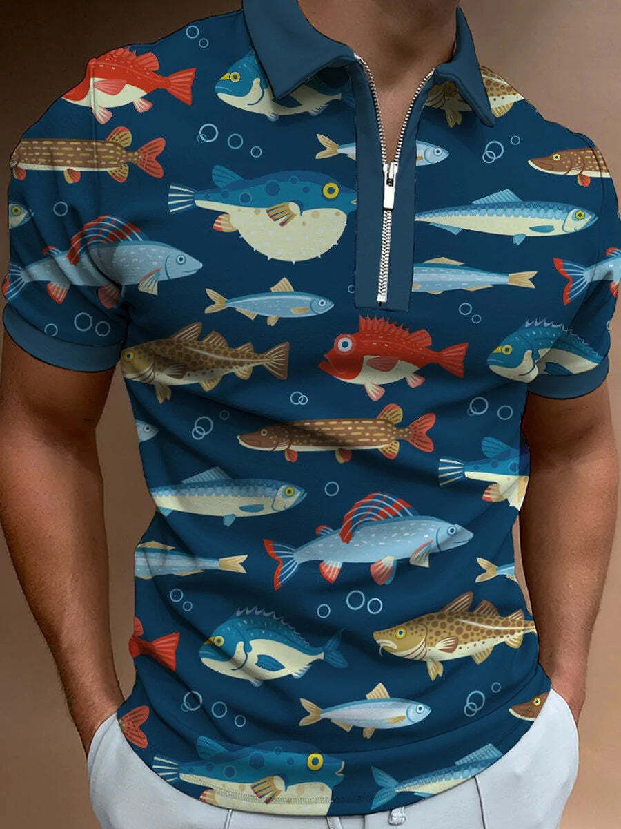 Men's Colorful Fish Print Lapel Polo Shirt