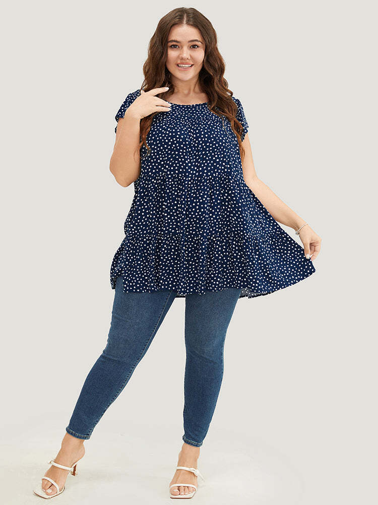 🌸Allover Print Cap Sleeve Ruffle Hem Gathered Blouse
