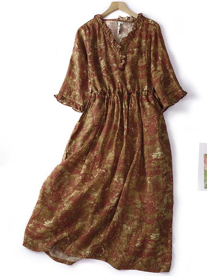 Cotton And Linen Printed Loose Side Of Fungus Waistband Dress