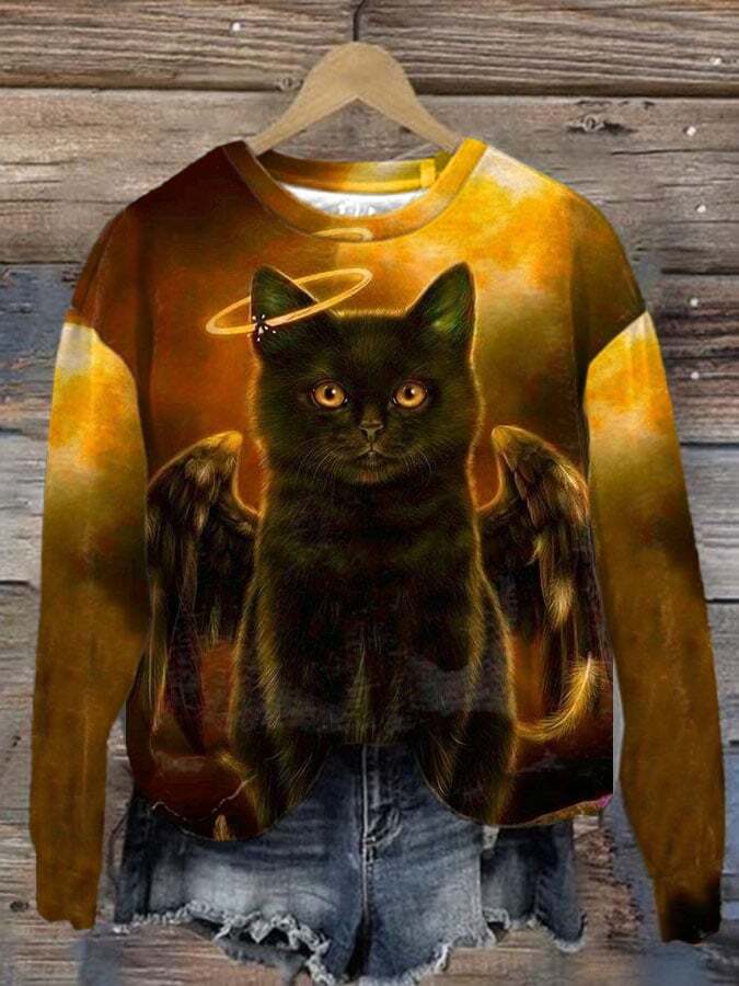 Women'S Casual Cut Cat Printed Long Sleeve Sweatshirt