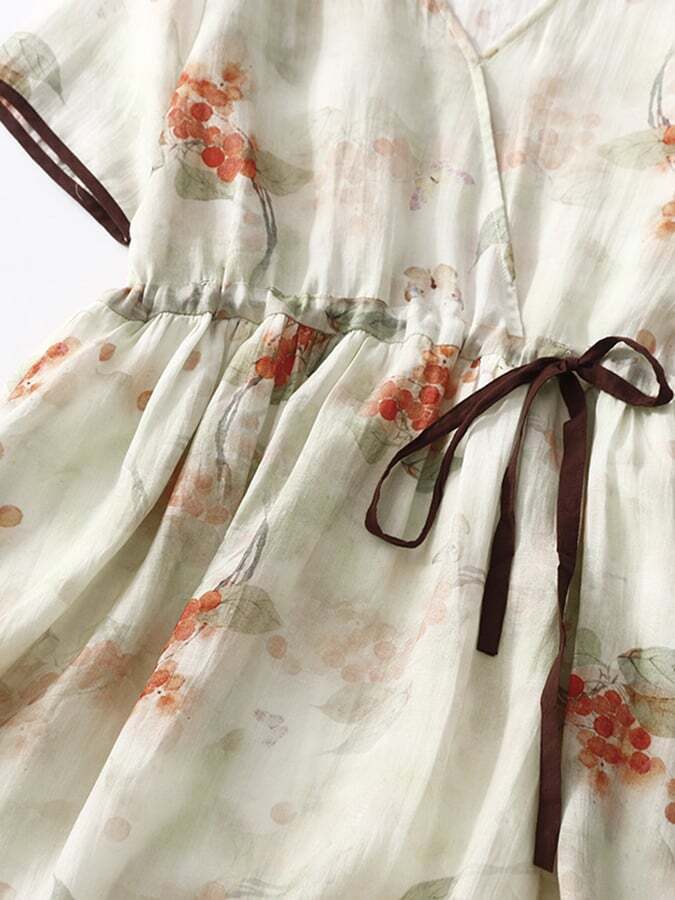Literary Retro Temperament Elegant Drawstring V-Neck Printed Dress