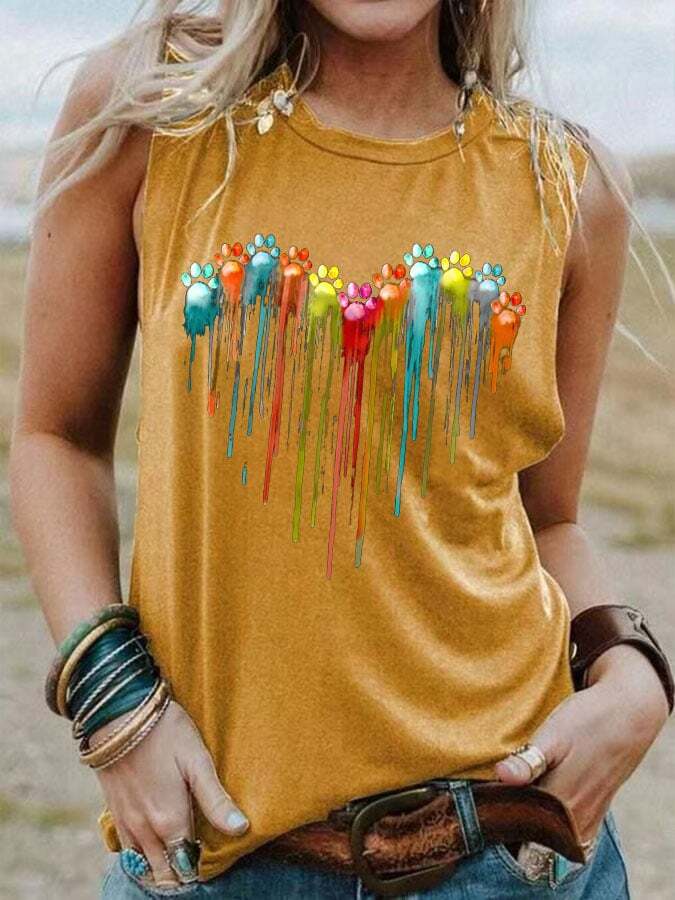 Women's Colorful Heart Dog Paw Print Tank Top