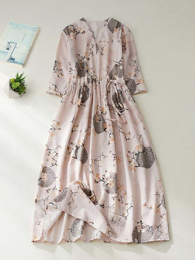 Vintage Elegant Print Lace Up V-Neck Dress