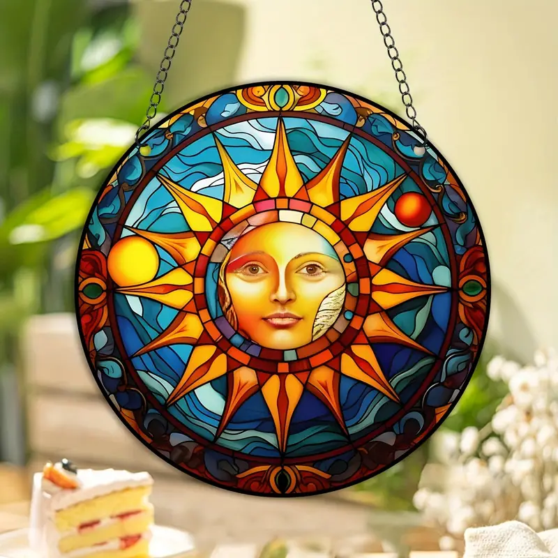 Sun Moon Stained Suncatcher Window Wall Hanging Ornament, Halloween Panel Decor For Home, Gift For Families Friends And Lover