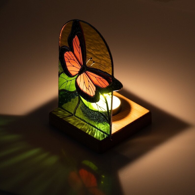 Monarch butterfly stained glass panel stained glass candle holder