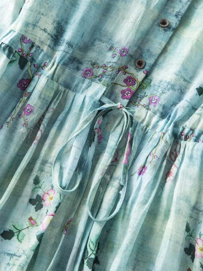 Cotton Linen Floral Waistband Loose Large Hem Dress
