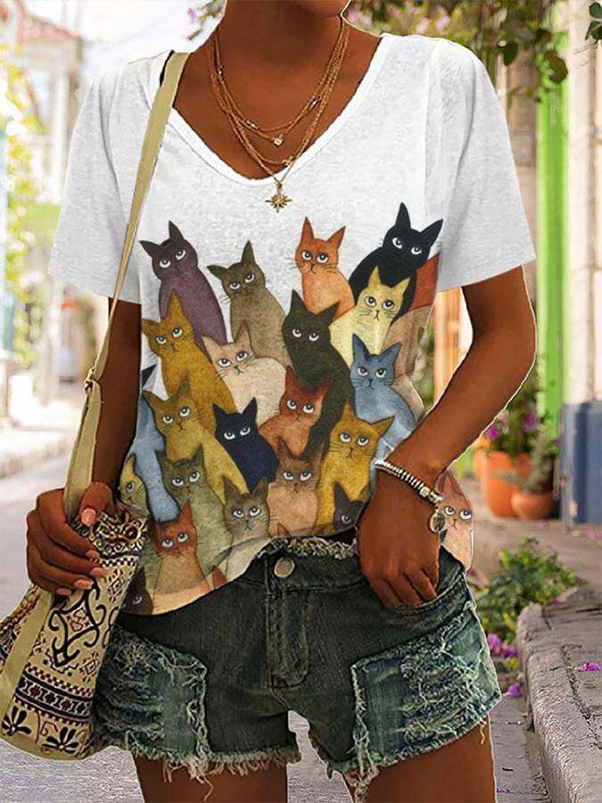 Women's Fun Cat Print V-Neck T-Shirt