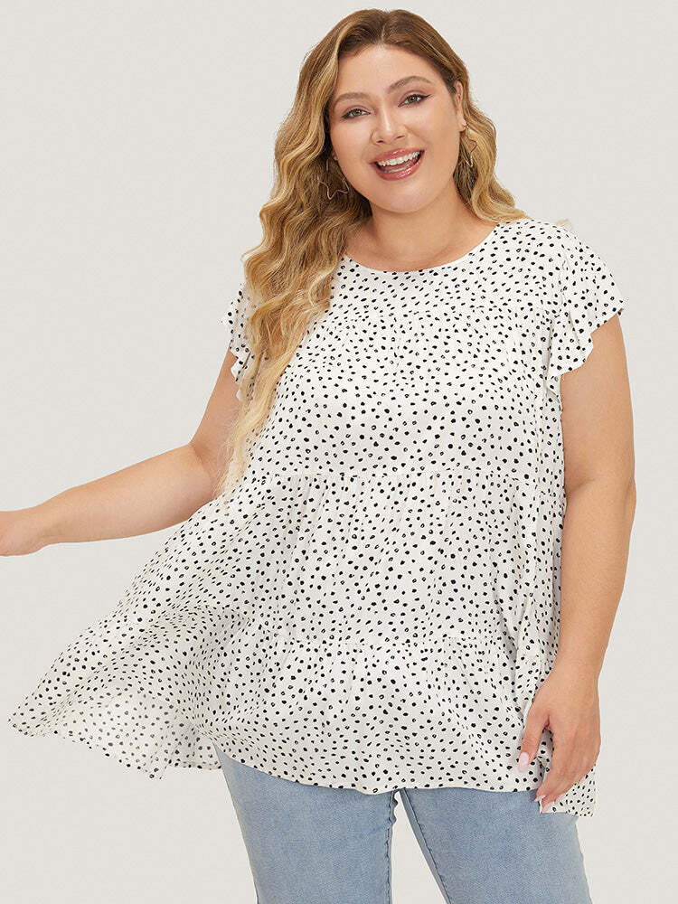 🌸Allover Print Cap Sleeve Ruffle Hem Gathered Blouse