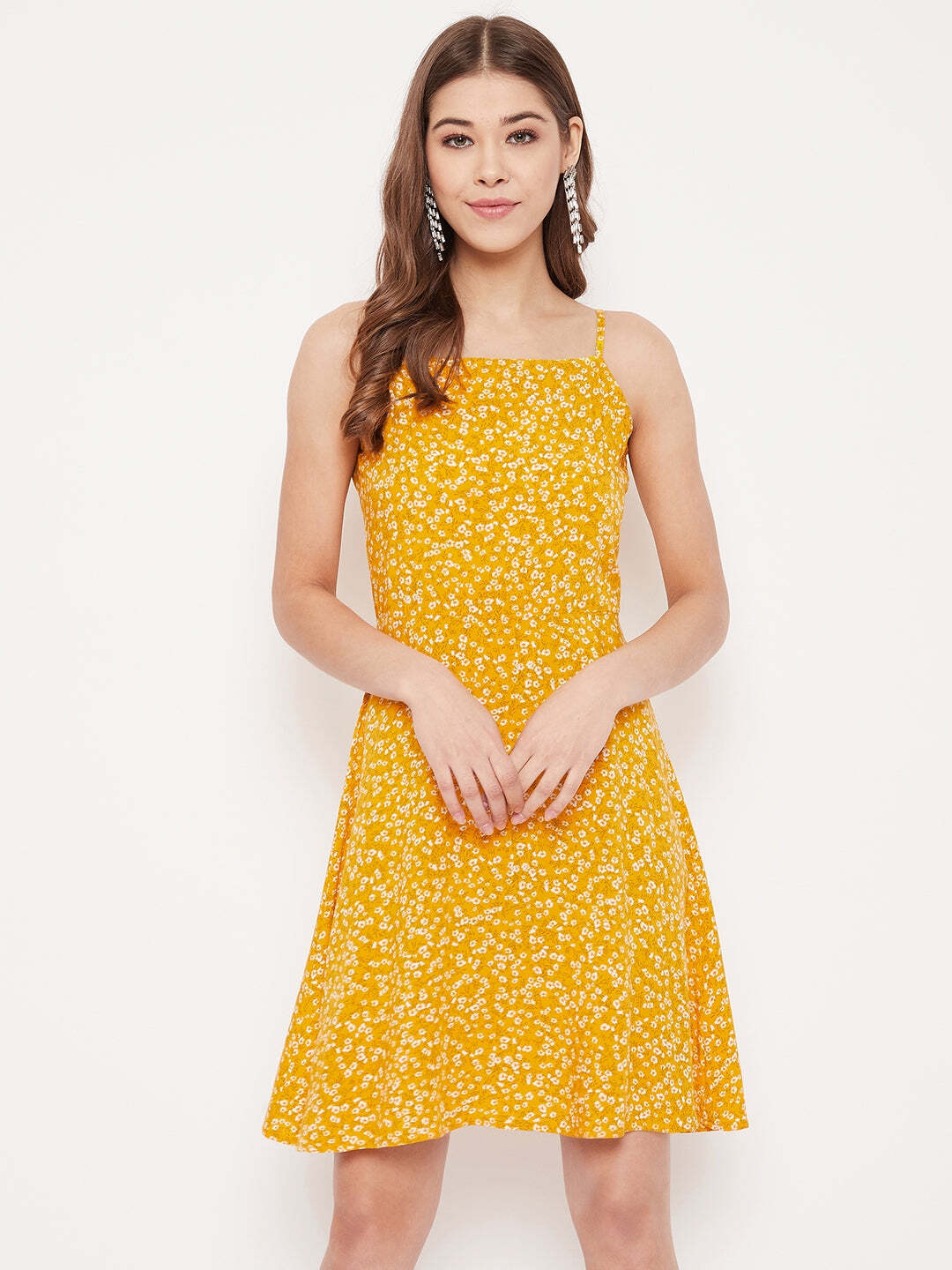 Berrylush Women Yellow & White Floral Printed Fit & Flare Mini Dress ...