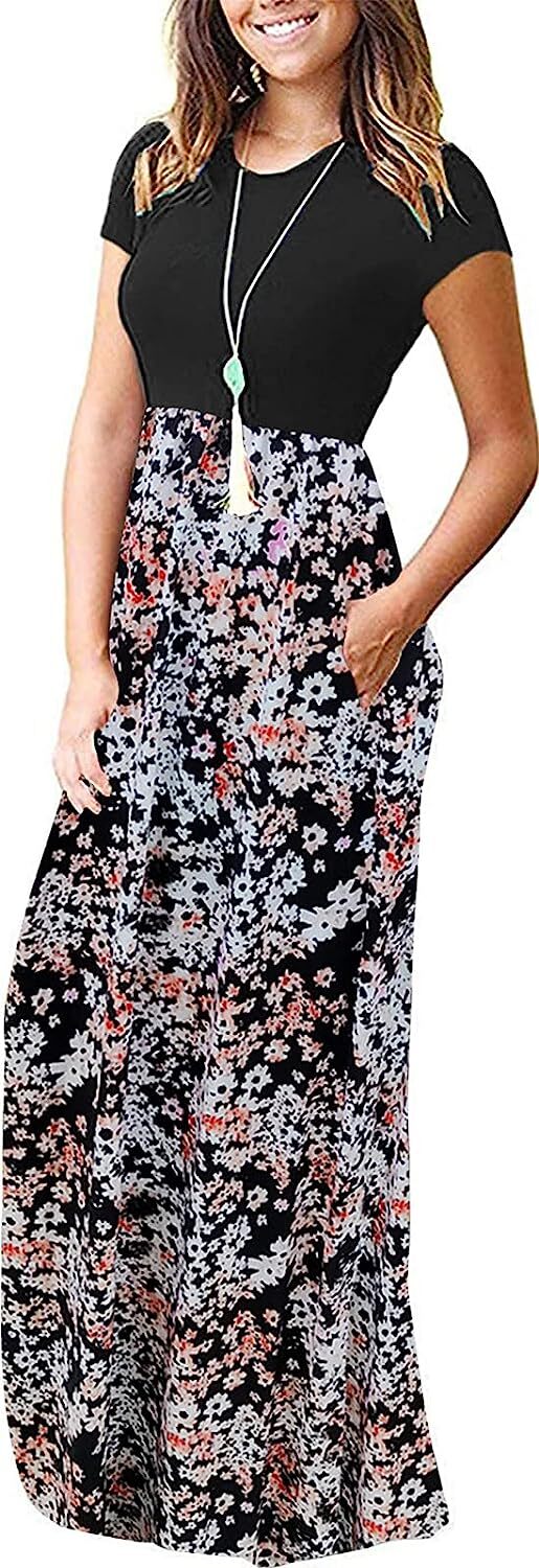 Supnier Women's Short Long Sleeve Maxi Dresses Casual Empire Waist Long Dress with Pockets