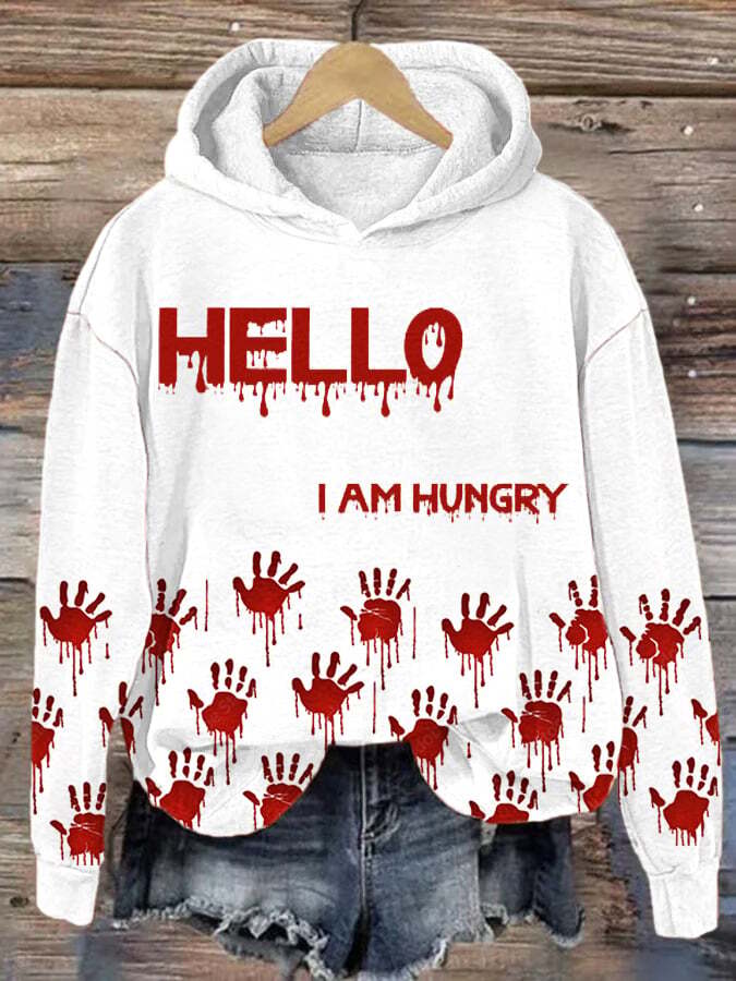 Women's Halloween Hello I'm Hungry Printed Hoodie