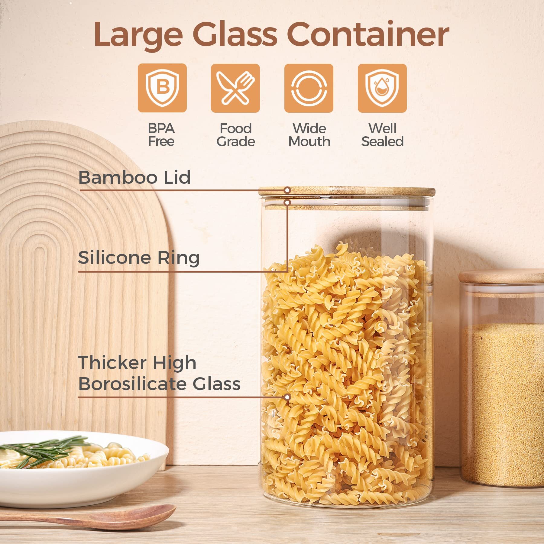Glass Jar with Airtight Lid (128FL OZ/3 Liter), Large Glass Food Storage Container with Bamboo Lid, Glass Food Canister for Kithen Storage, Wide Mouth Easy Access (Clear, 128 oz)