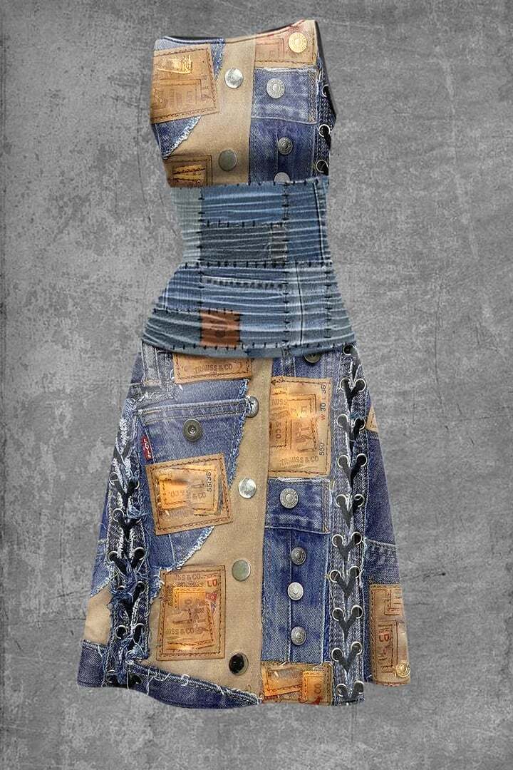 Women's Vintage Denim Faux Print Sleeveless Midi Dress