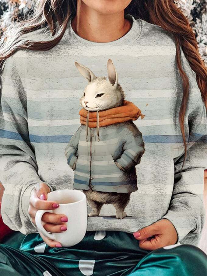 Women's Winter Funny Cute Wonderland Clothing Bunny Printed Sweatshirt