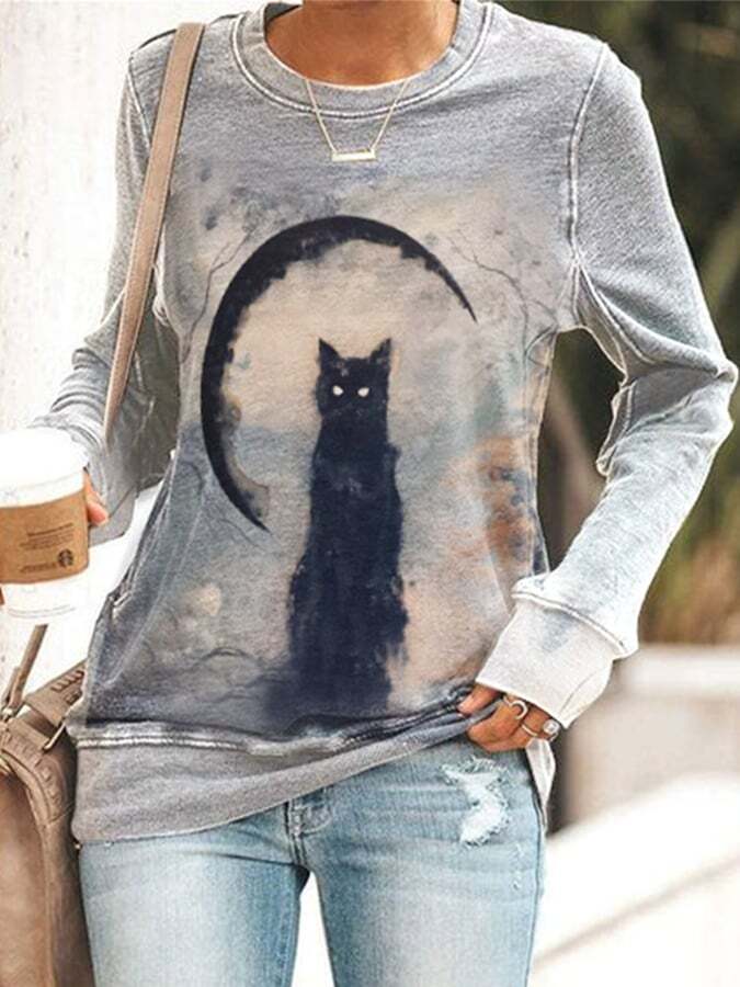 Halloween Vintage Cat Print Sweatshirt