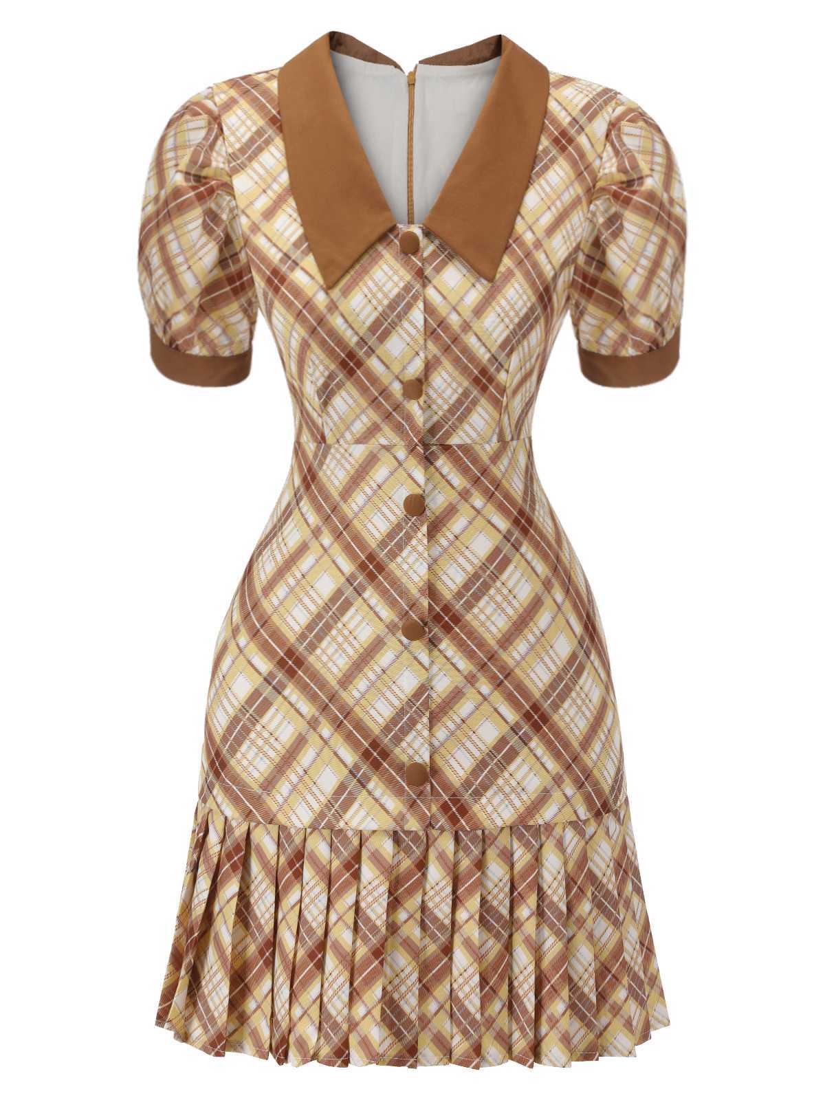 1960s Plaid Puff Sleeve Pleated Dress