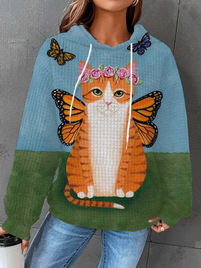 Women's Funny Cat Butterfly Print Hoodie
