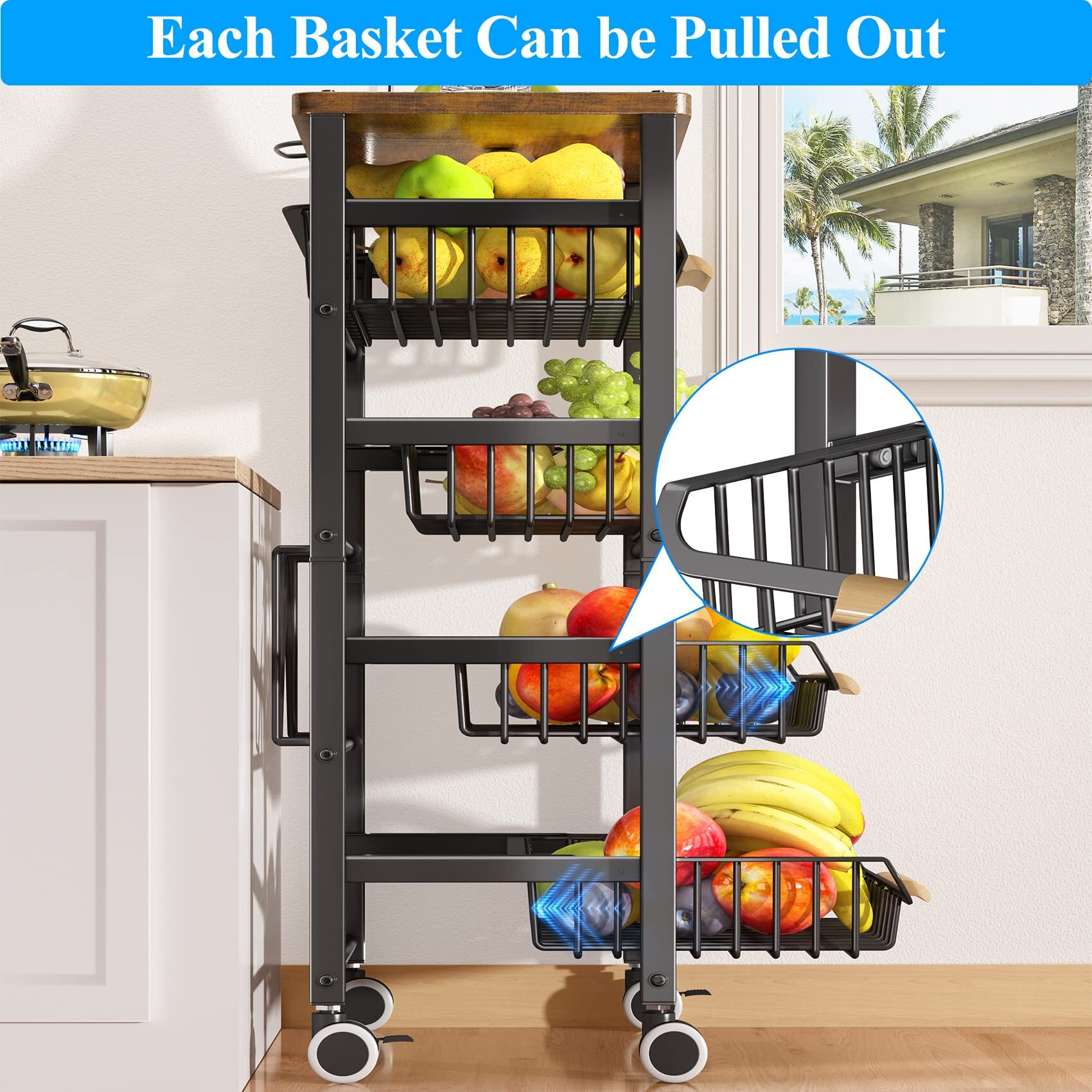 Fruit Basket for Kitchen, 5 Tier Large Pull-out Wire Basket With Wood Top and Wheels, Kitchen Storage Cart for Fruit Vegetable Onions Potatoes Banana, Black
