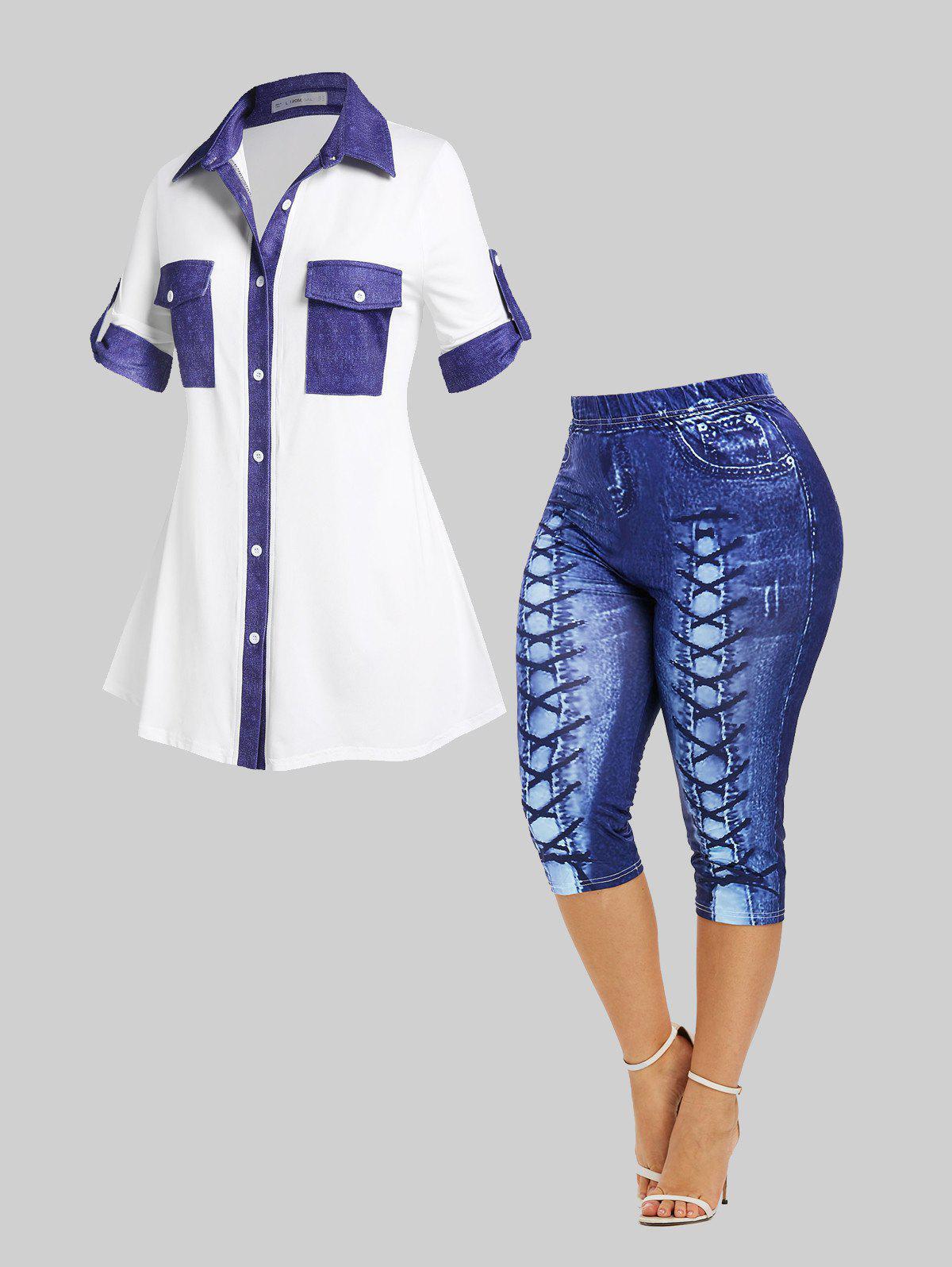 Pockets Shirt and Curve Capri 3D Leggings Plus Size Summer Outfit