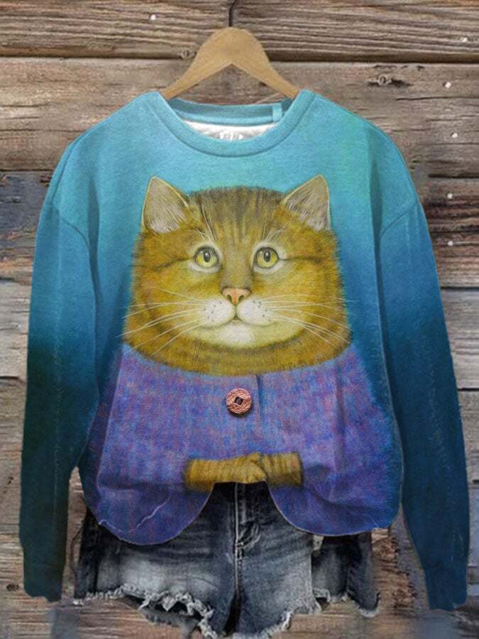 Women's Cat Print Round Neck Sweatshirt