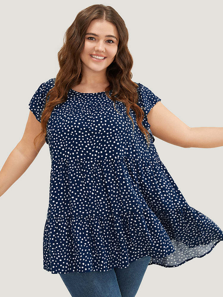 🌸Allover Print Cap Sleeve Ruffle Hem Gathered Blouse
