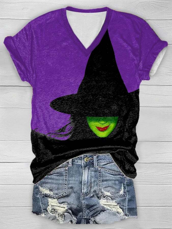 Women's Witch Print Short Sleeve V-neck T-Shirt