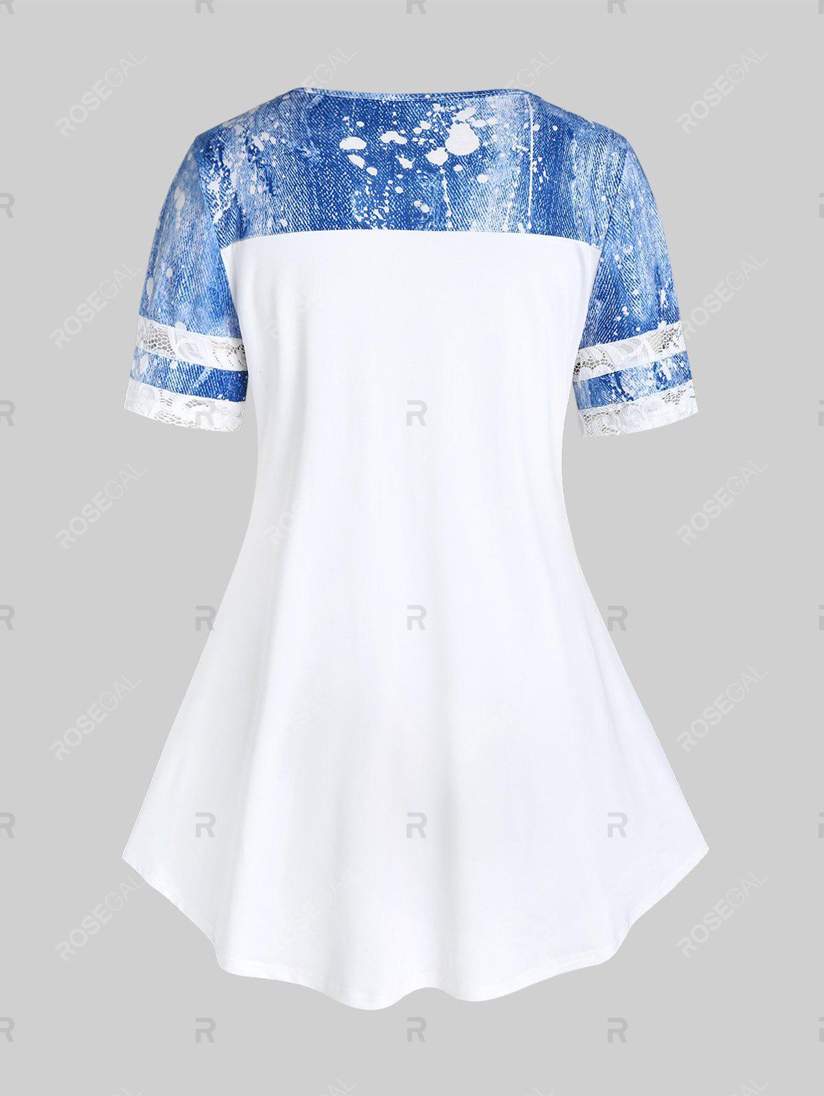 3D Denim Print Lace Panel Tee and 3D Denim Print Lace Panel Bell Bottom Pants Plus Size Outfit