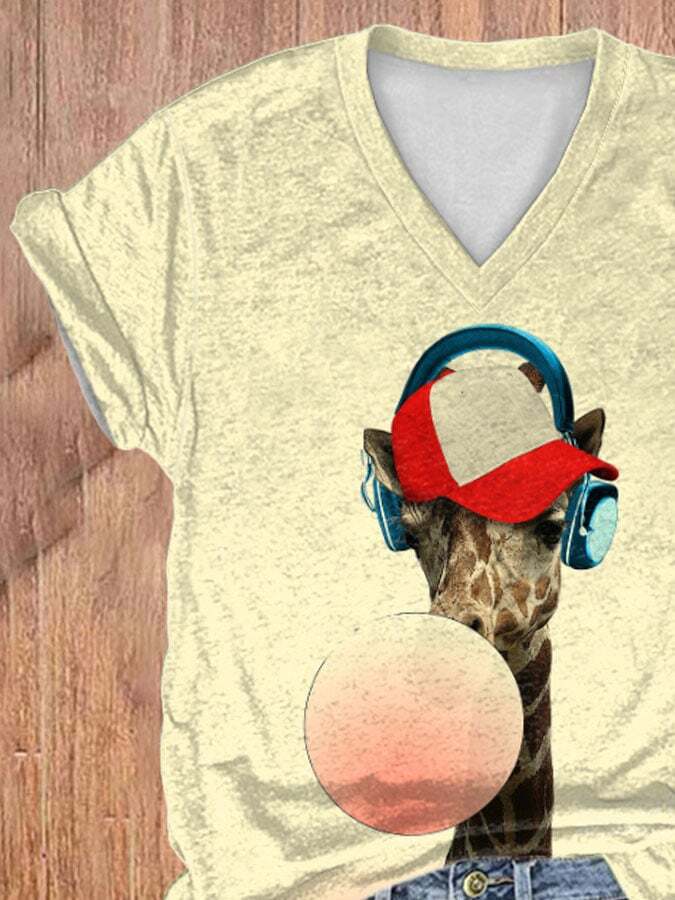 V-neck Bubble Gum Cool Giraffe With Headphones Print T-Shirt