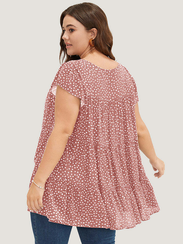 🌸Allover Print Cap Sleeve Ruffle Hem Gathered Blouse