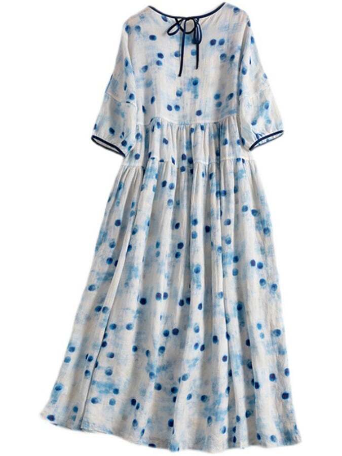Cotton Linen Blue Polka Dot Printed Loose Dress