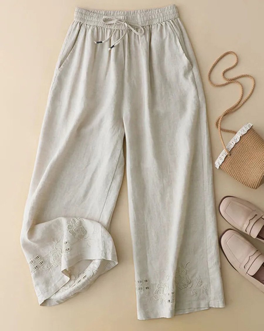 Cotton And Linen Embroidered Cutout Lounge Pants