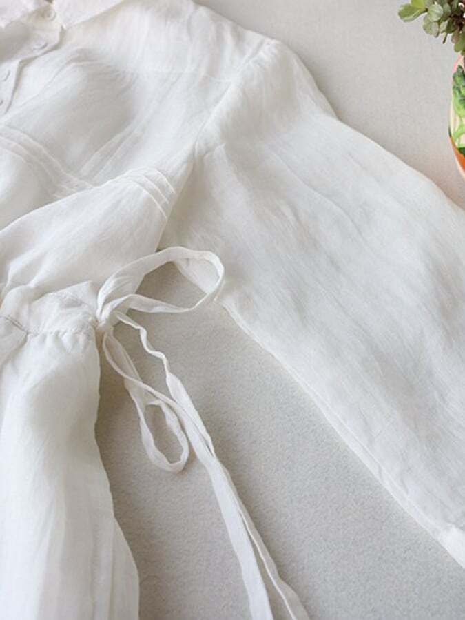 Cotton Linen 5/4 Sleeve Polo Neck Tie Up Dress