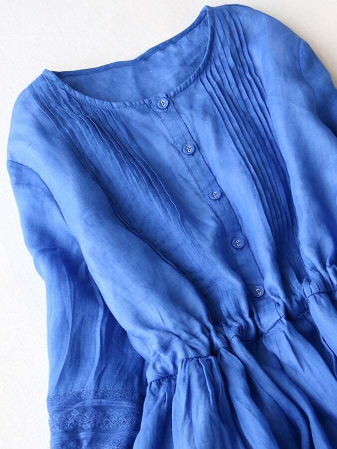 Medium Sleeved Cotton Linen Loose Lace Up Pleated Large Swing Dress