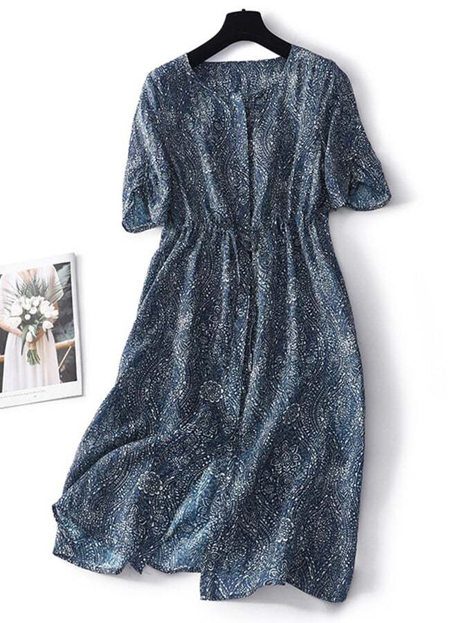 Temperament Waistband Printed Lace Up A-Line Dress