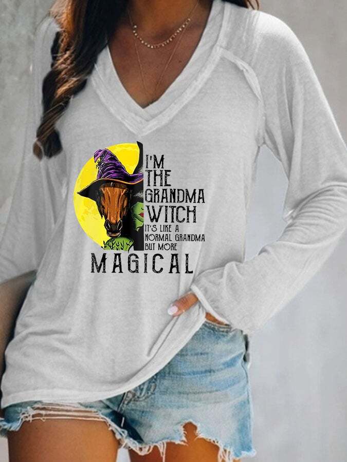 Women's Halloween I'm the Grandma Witch Print V-Neck Top