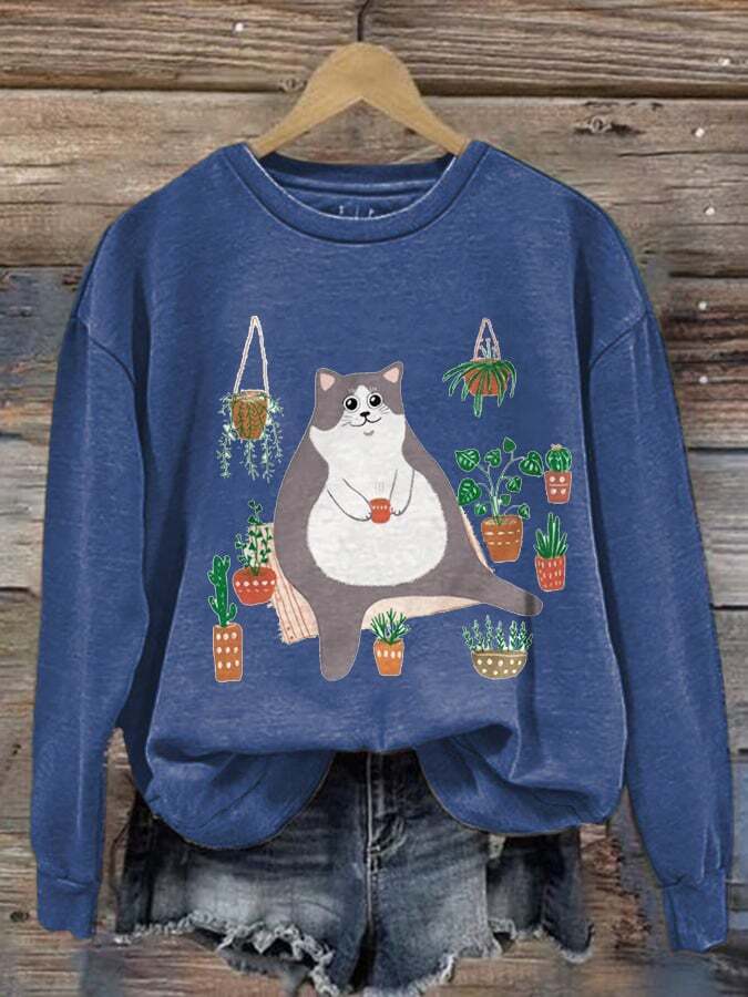 Women'S Cat Print Casual Long-Sleeved Sweatshirt