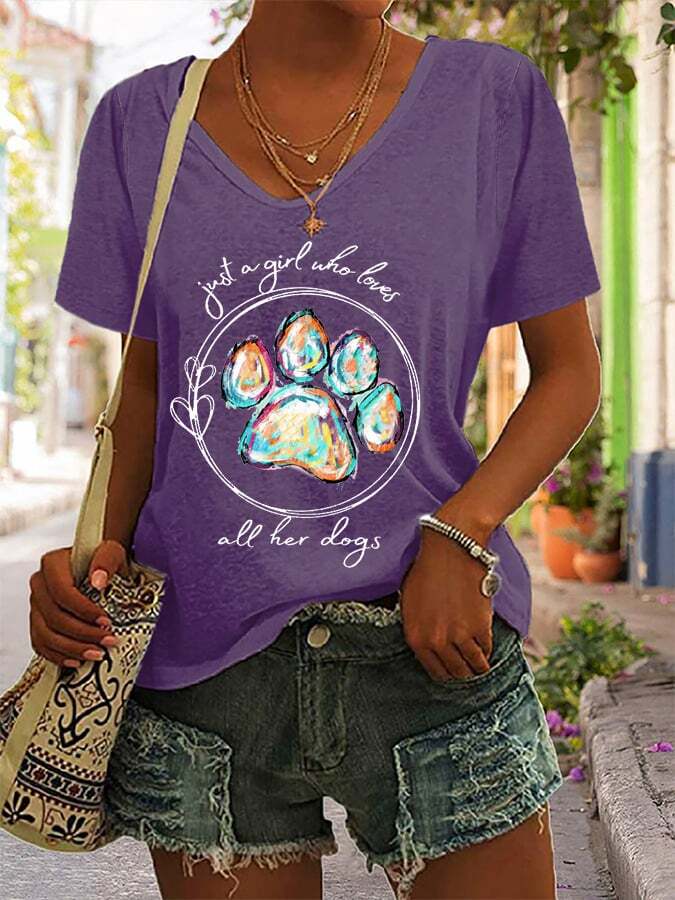 Women's Paws Just A Girl Who Loves All Her Dogs Print Casual T-Shirt
