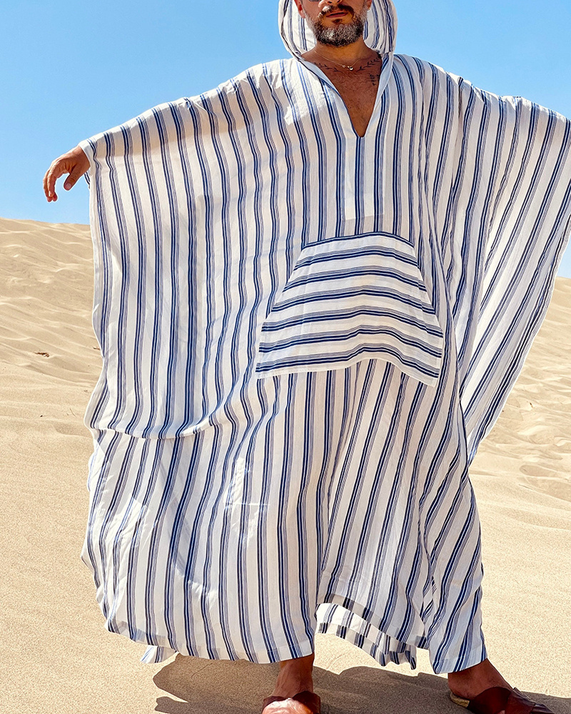 🔥Men's Linen🔥 Robe Greek Stripe Print Robe a995