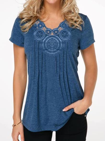 Women Short Sleeve U-neck Lace Top
