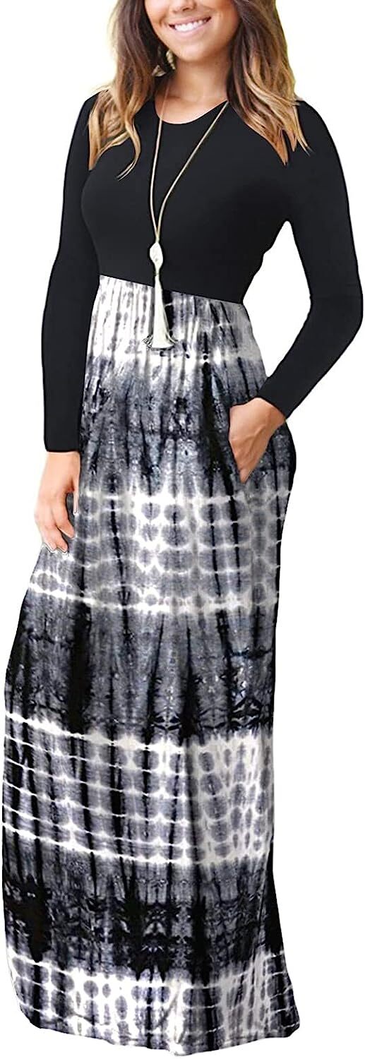 Supnier Women's Short Long Sleeve Maxi Dresses Casual Empire Waist Long Dress with Pockets