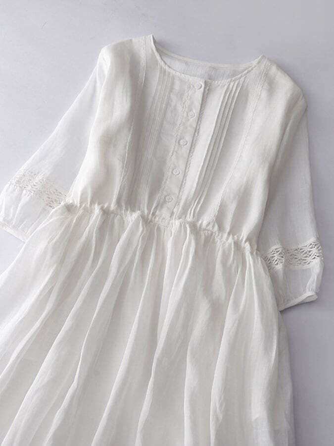 Thin Round Neck Lace Up Waist Embroidered Cotton Linen Dress