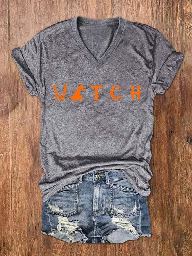 Women's Halloween Witch American Flag Print V-Neck T-Shirt
