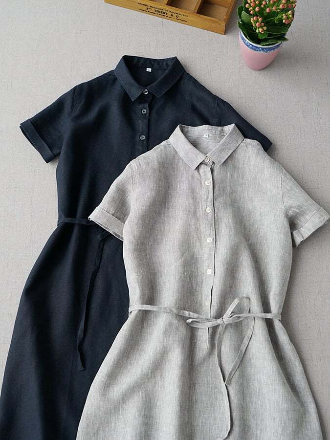 Cotton And Linen Half Open Button Tie Up Short Sleeved Dress