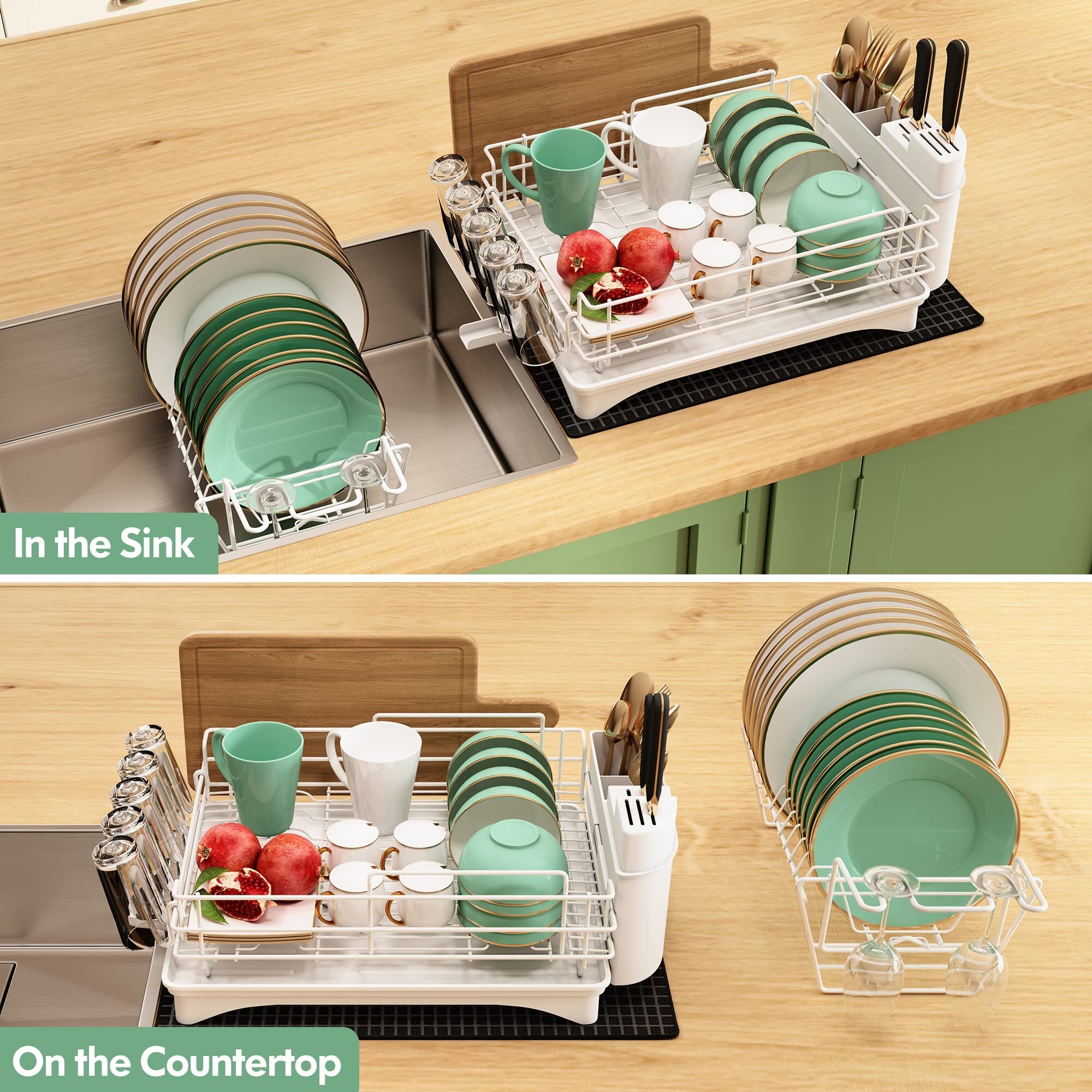 Dish Drying Racks for Kitchen Counter, Stainless Steel 2 Tier Black Dish Dryer Rack with Drainboard Set, Large Dish Drainers with Wine Glass Holder, Utensil Holder and Dryer Mat