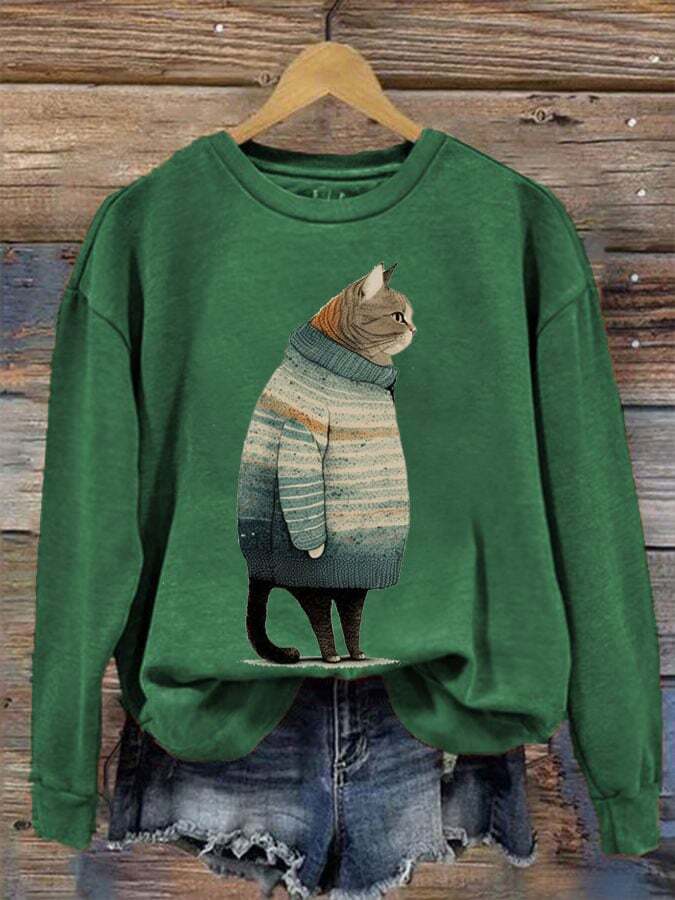 Women's Winter Cat Print Crew Neck Sweatshirt